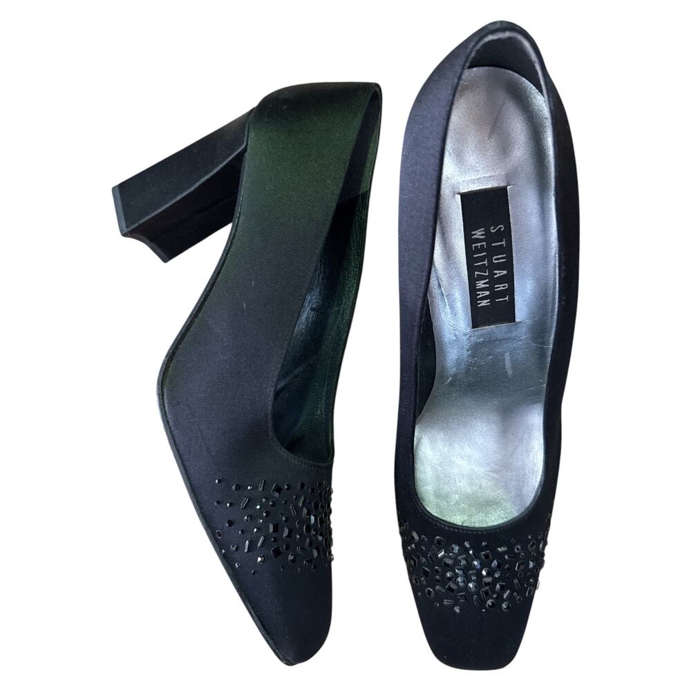 1990s Stuart Weitzman Black Satin Embellished Pumps Block Heel Size 10.5B